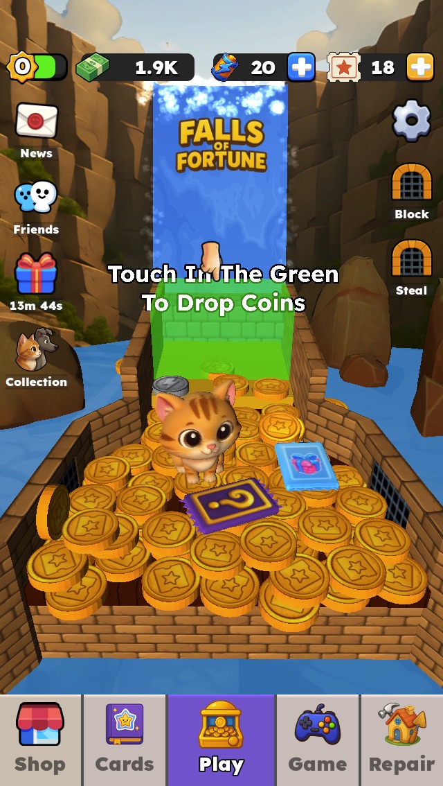 The coin pusher, mid-drop, with a full bed of gold coins
